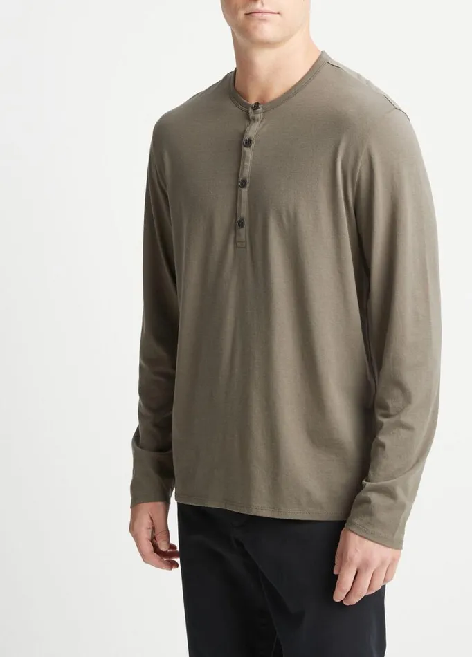 Men TShirts and Polos Vince Pima Cotton LongSleeve Henley Carrillo Green