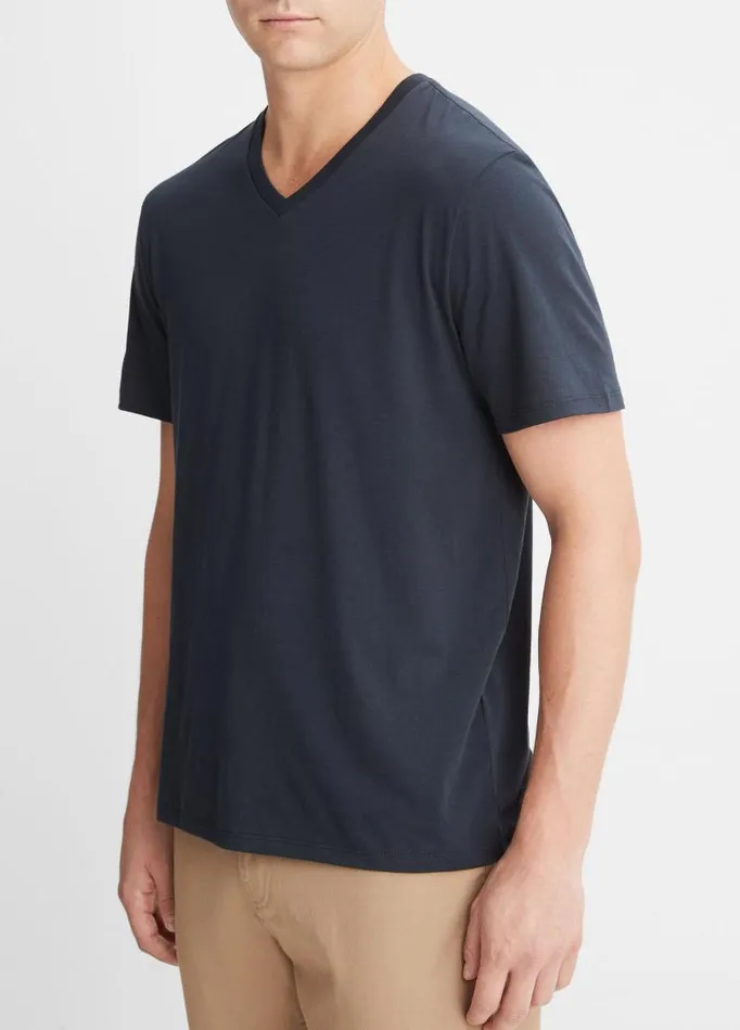 Men TShirts and Polos Vince Pima Cotton VNeck TShirt Coastal Blue