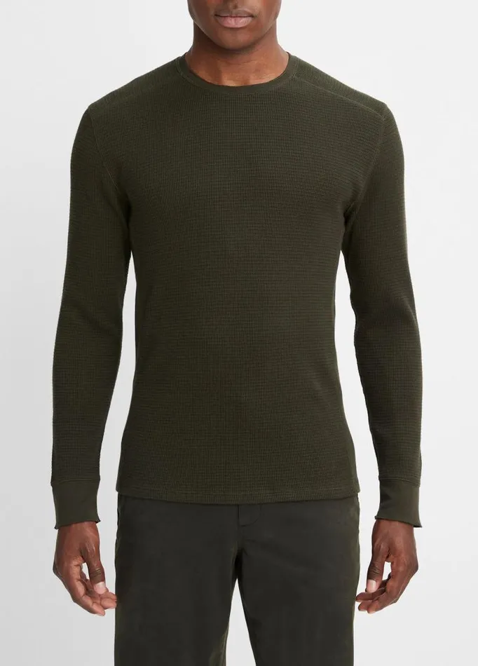 Men TShirts and Polos Vince Thermal LongSleeve Crew Neck TShirt Moss Green