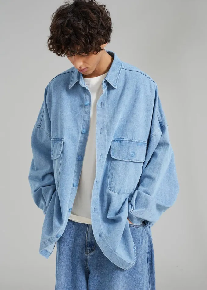 Men The Frankie Shop Tops Dallas Men Denim Overshirt Worn Wash