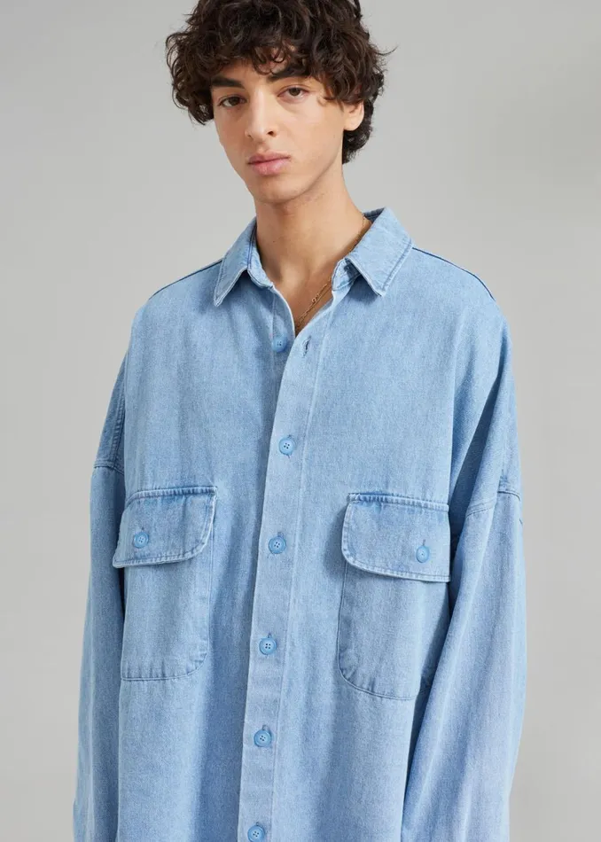 Men The Frankie Shop Tops Dallas Men Denim Overshirt Worn Wash