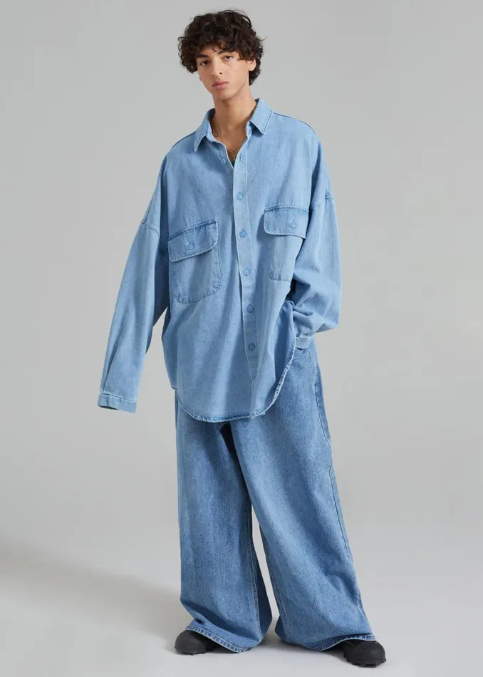 Men The Frankie Shop Tops Dallas Men Denim Overshirt Worn Wash