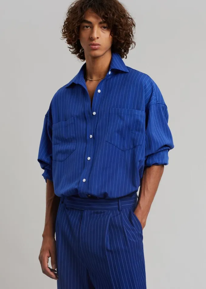 Men The Frankie Shop Tops Gus Oversized Fluid Stripe Shirt Deep Blue