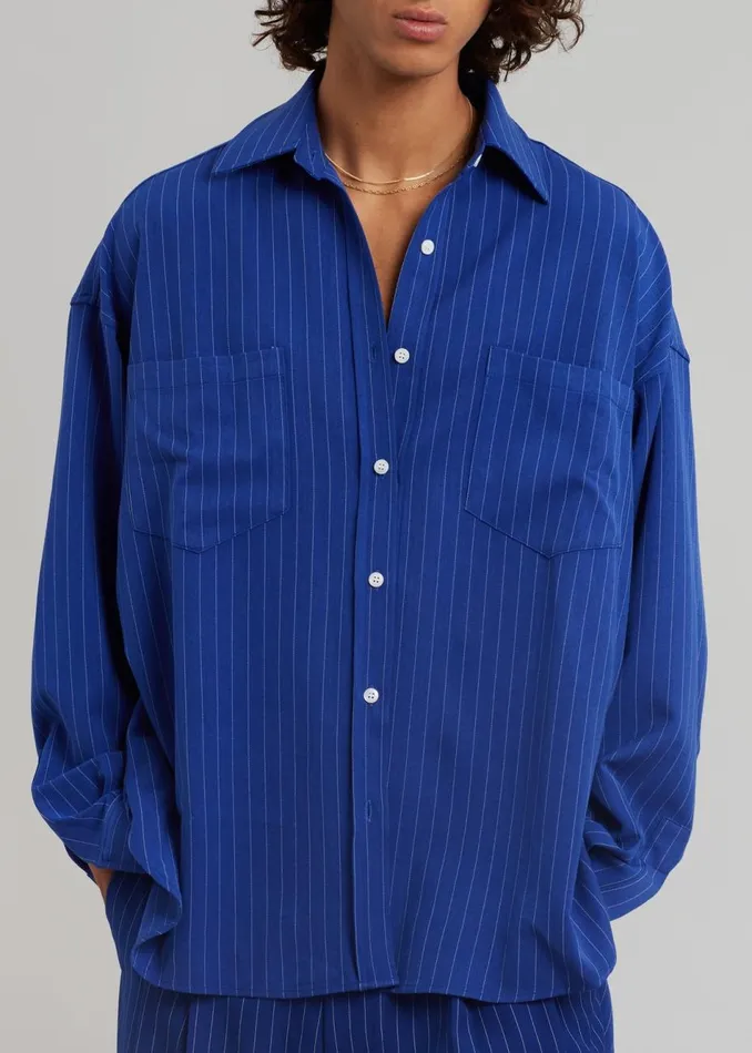 Men The Frankie Shop Tops Gus Oversized Fluid Stripe Shirt Deep Blue
