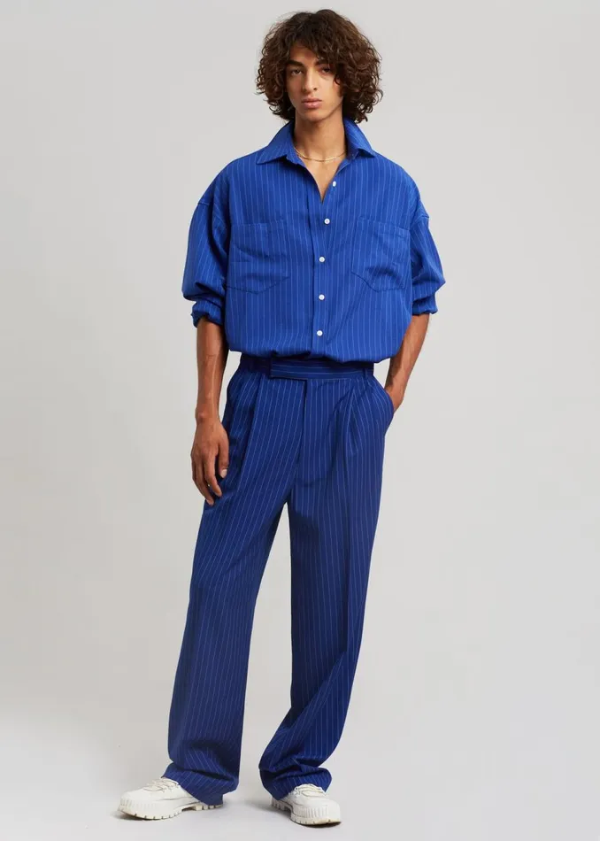 Men The Frankie Shop Tops Gus Oversized Fluid Stripe Shirt Deep Blue