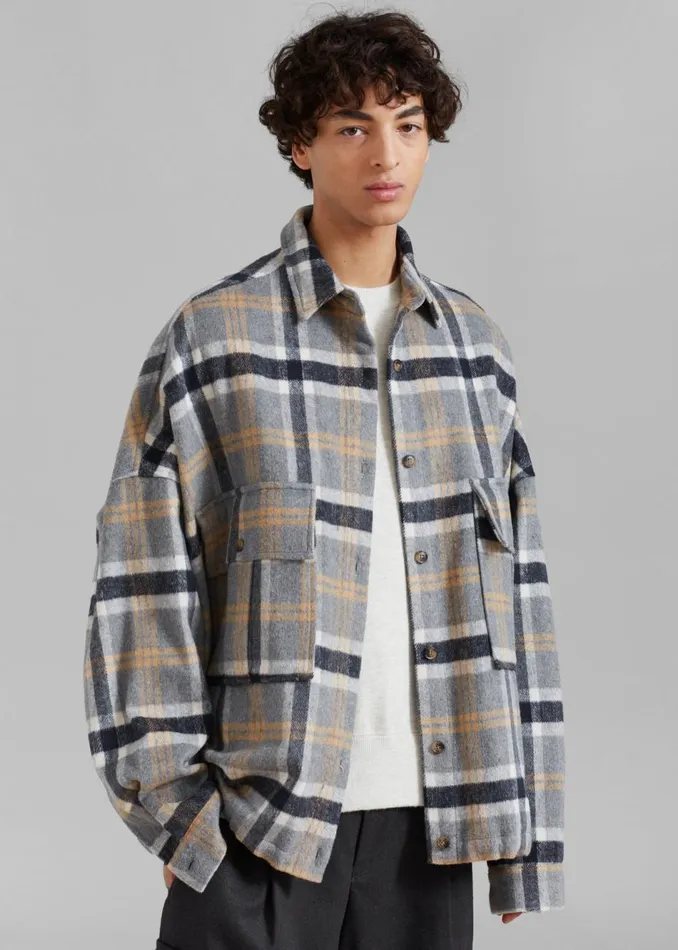 Men The Frankie Shop Tops Keaton Flannel Pocket Overshirt Checked Grey