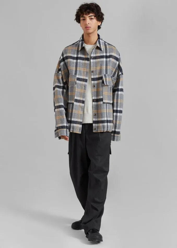 Men The Frankie Shop Tops Keaton Flannel Pocket Overshirt Checked Grey