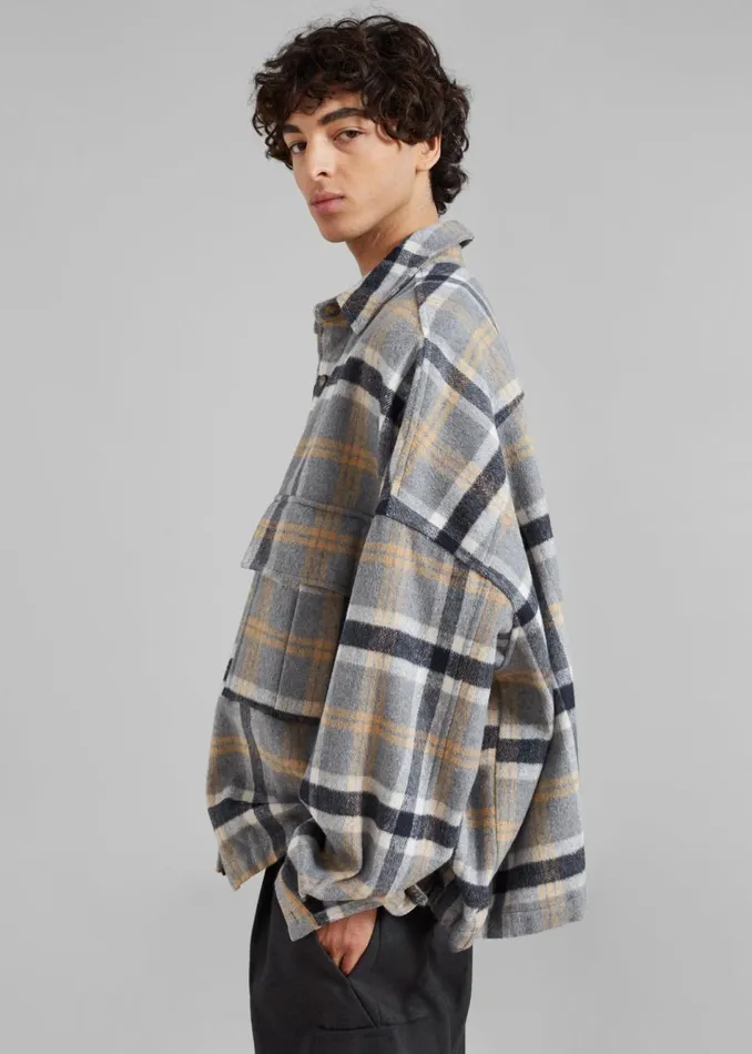 Men The Frankie Shop Tops Keaton Flannel Pocket Overshirt Checked Grey