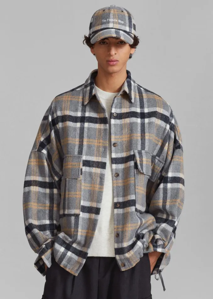Men The Frankie Shop Tops Keaton Flannel Pocket Overshirt Checked Grey