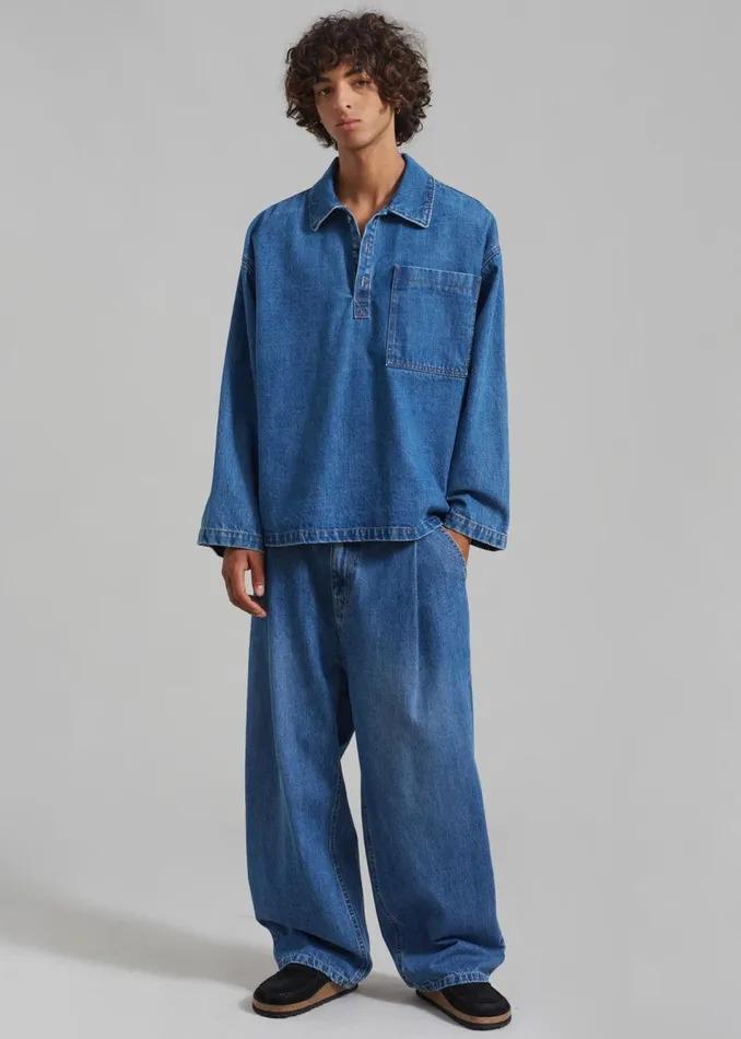 Men The Frankie Shop Tops Ray Popover Denim Shirt Medium Wash