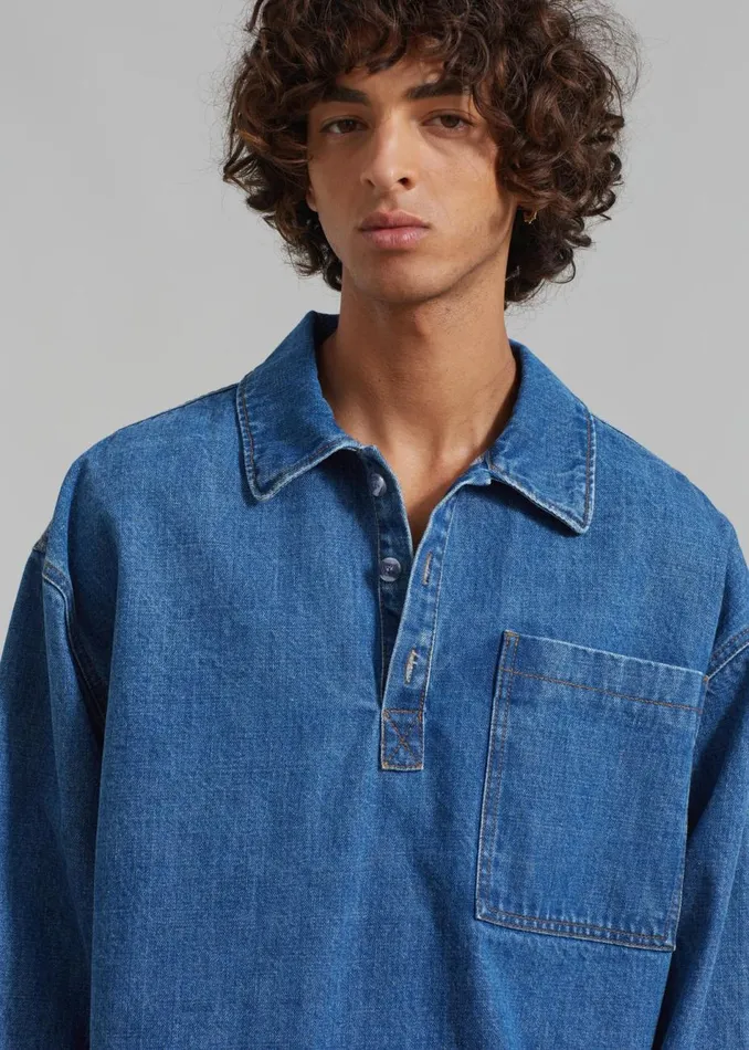 Men The Frankie Shop Tops Ray Popover Denim Shirt Medium Wash