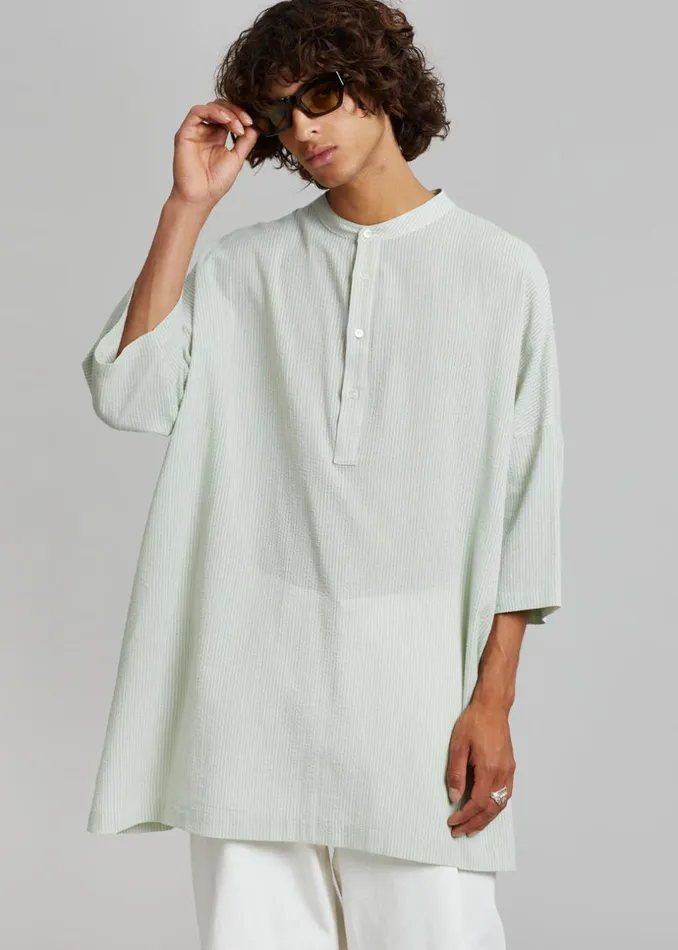 Men The Frankie Shop Tops Teo Oversized Collarless Shirt Light Celadon