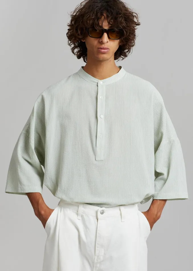 Men The Frankie Shop Tops Teo Oversized Collarless Shirt Light Celadon