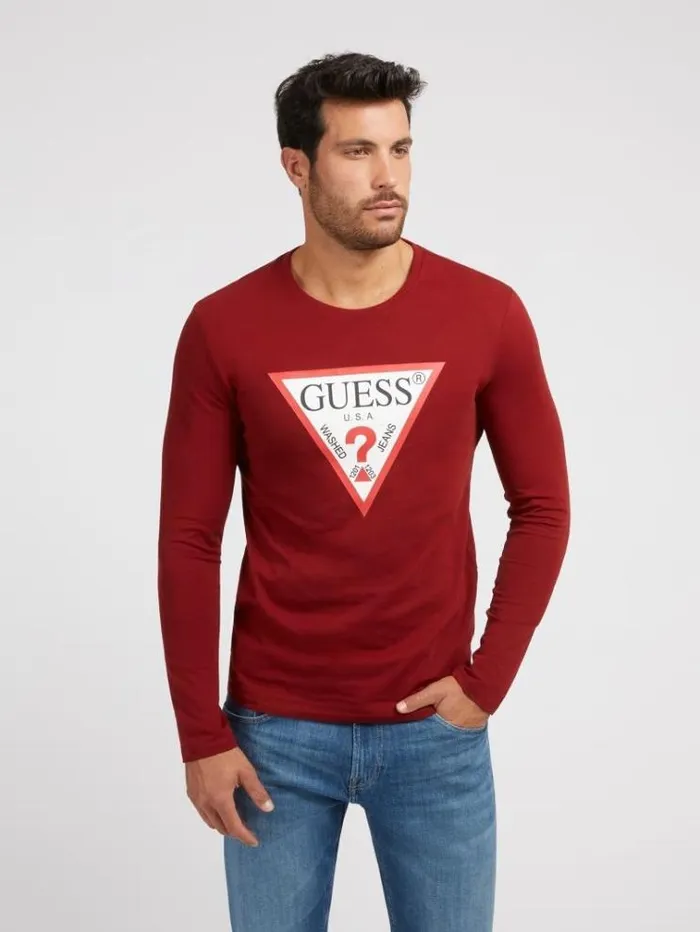 Men Triangle Logo Long Sleeves Tshirt Burgundy Guess Tshirts And Polo Shirts