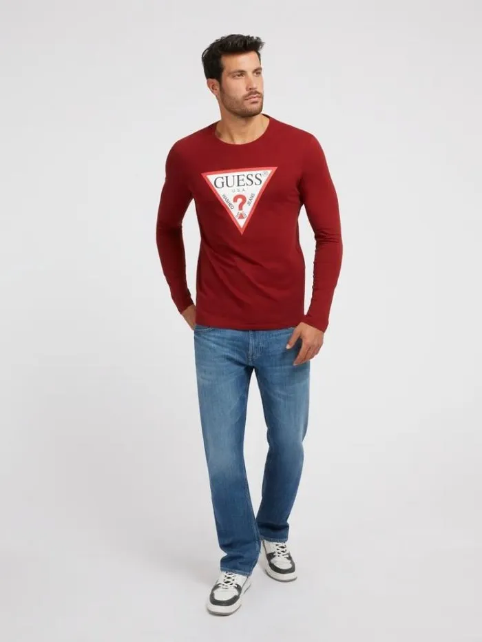 Men Triangle Logo Long Sleeves Tshirt Burgundy Guess Tshirts And Polo Shirts