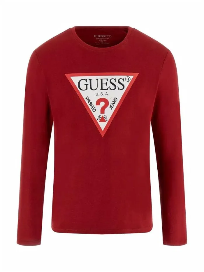 Men Triangle Logo Long Sleeves Tshirt Burgundy Guess Tshirts And Polo Shirts
