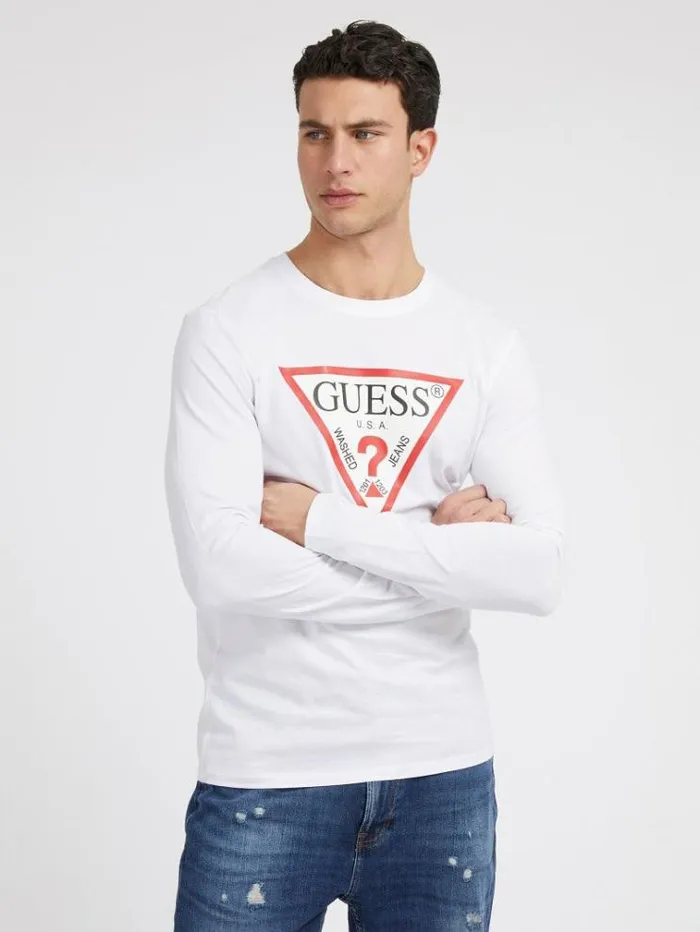 Men Triangle Logo Long Sleeves Tshirt White Guess Tshirts And Polo Shirts