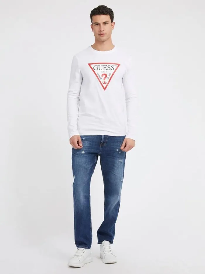 Men Triangle Logo Long Sleeves Tshirt White Guess Tshirts And Polo Shirts