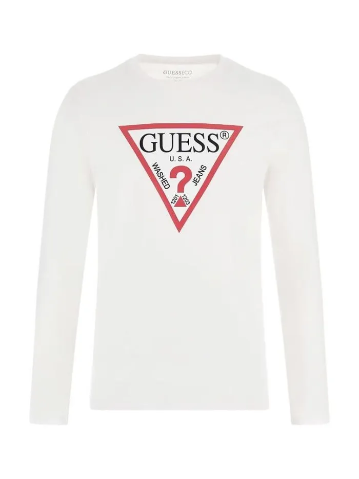 Men Triangle Logo Long Sleeves Tshirt White Guess Tshirts And Polo Shirts