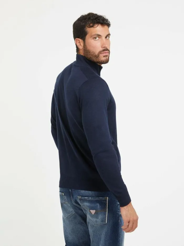 Men Turtle Neck Silk Blend Cardigan Blue Guess Knitwear And Sweatshirts
