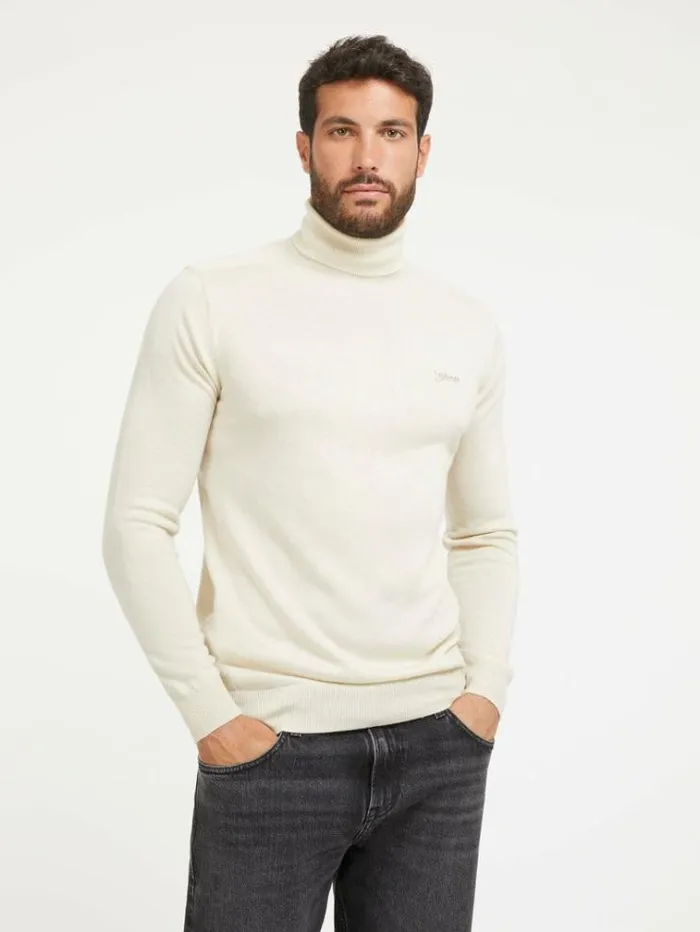 Men Turtle Neck Silk Blend Sweater Beige Guess Knitwear And Sweatshirts