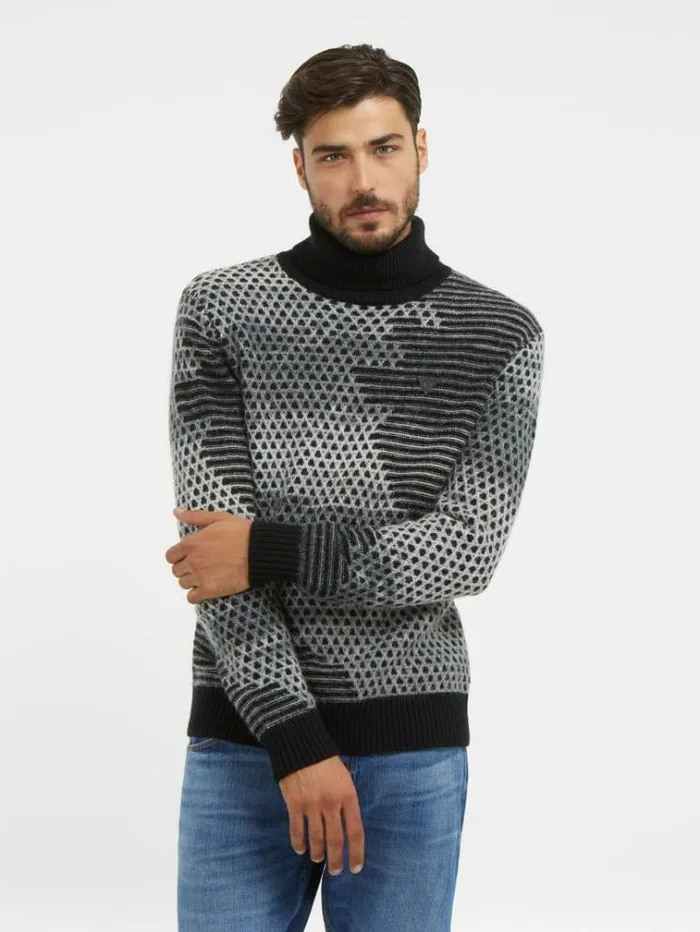 Men Turtle Neck Wool Blend Sweater Black Multi Guess Knitwear And Sweatshirts
