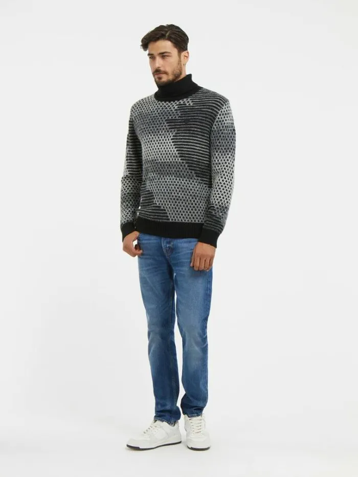 Men Turtle Neck Wool Blend Sweater Black Multi Guess Knitwear And Sweatshirts