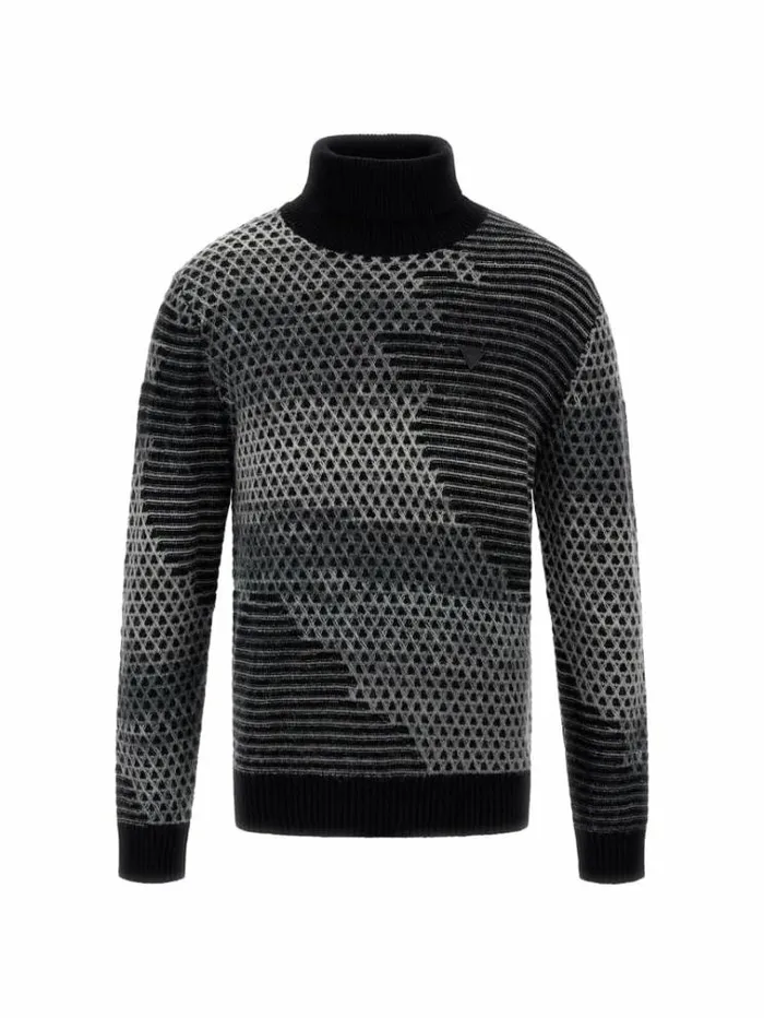 Men Turtle Neck Wool Blend Sweater Black Multi Guess Knitwear And Sweatshirts