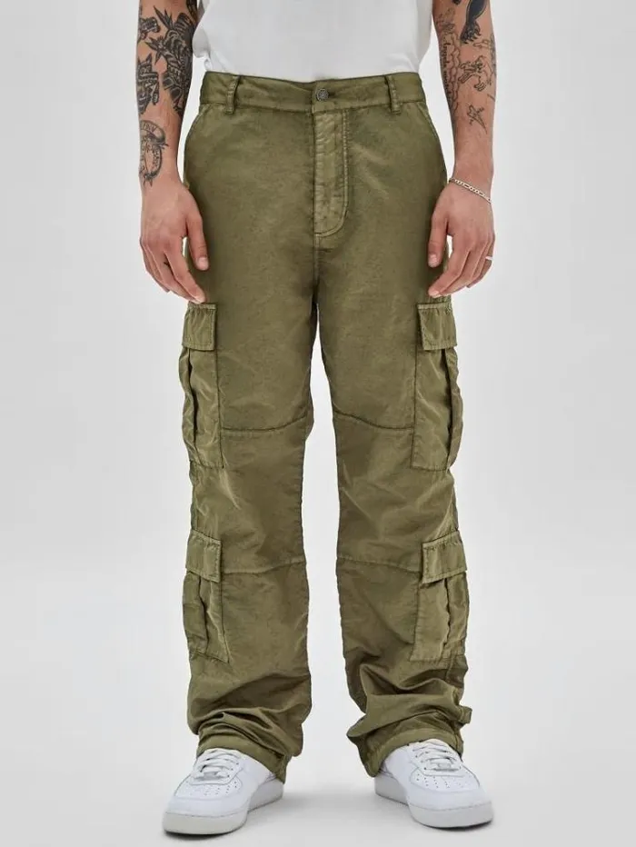 Men Washed Nylon Cargo Pants Green Guess Trousers