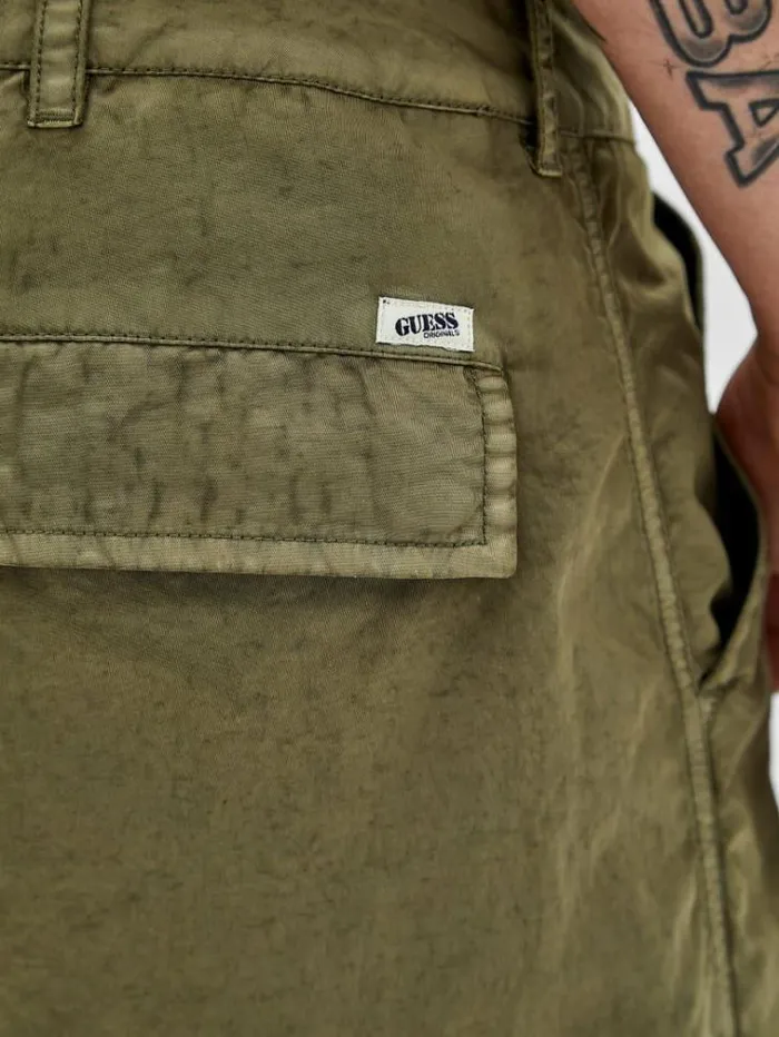Men Washed Nylon Cargo Pants Green Guess Trousers