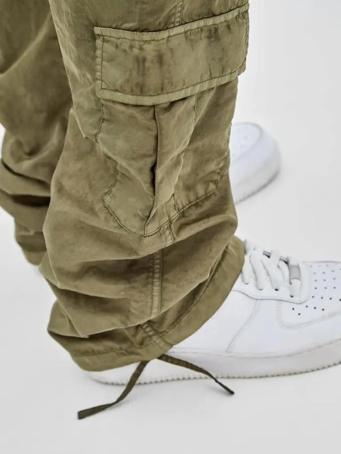 Men Washed Nylon Cargo Pants Green Guess Trousers