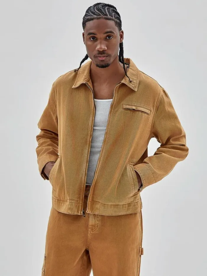 Men Zipped Denim Jacket Beige Guess Coats And Jackets