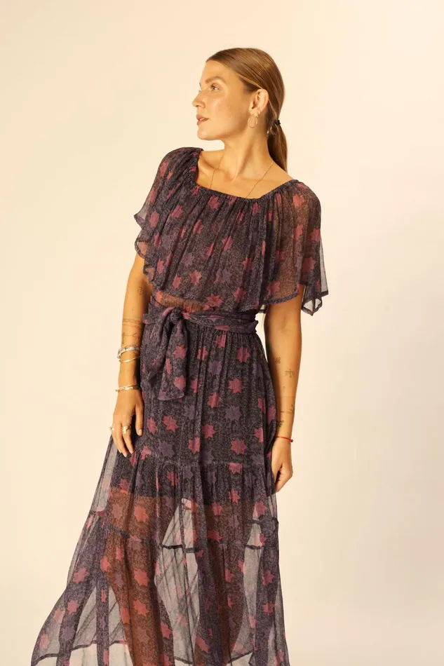 Naomi Dress With Sash Snowflake Aubergine Women Natalie Martin Dresses