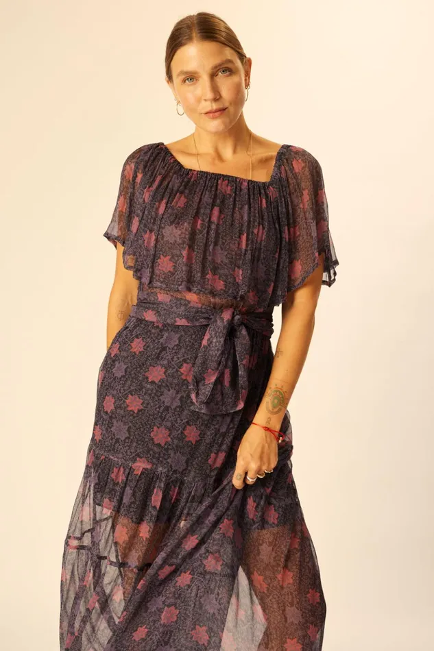 Naomi Dress With Sash Snowflake Aubergine Women Natalie Martin Dresses