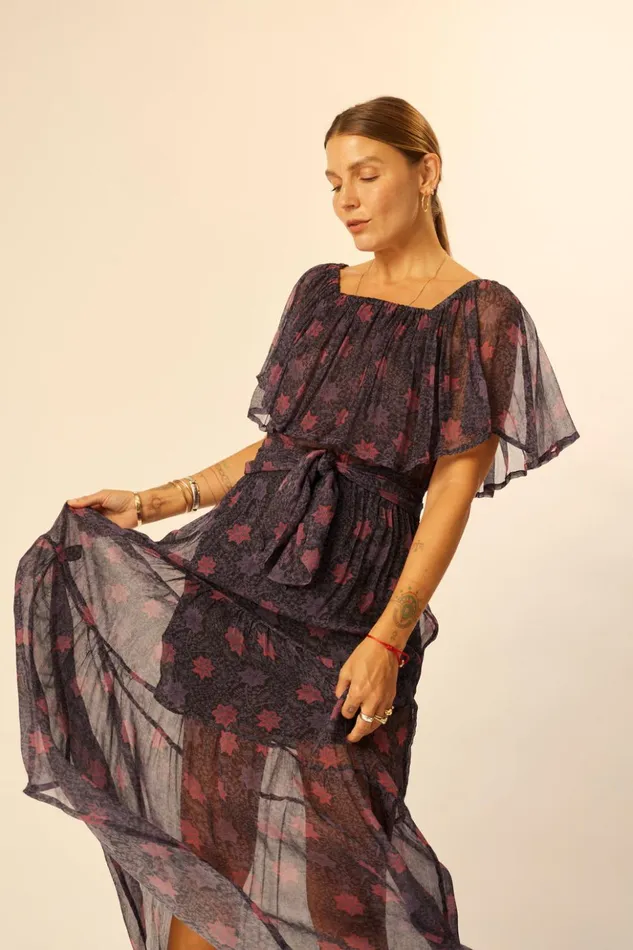 Naomi Dress With Sash Snowflake Aubergine Women Natalie Martin Dresses