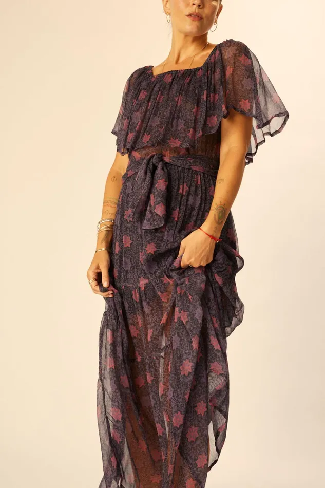Naomi Dress With Sash Snowflake Aubergine Women Natalie Martin Dresses