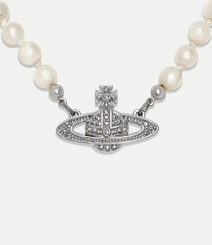 Necklaces Men Vivienne Westwood Man Mini Bas Relief Pearl Necklace In PlatinumCreamPearlCrystal