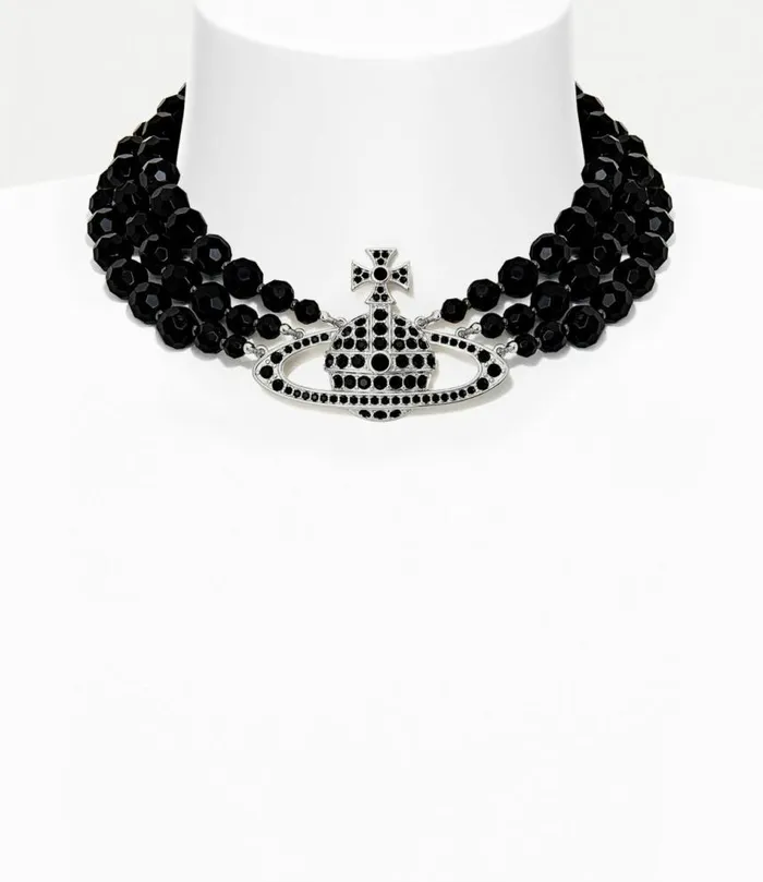 Necklaces Women Vivienne Westwood Messaline Three Row Choker In PlatinumRutheniumBlackAgateGemstoneJet Necklaces Women Vivienne Westwood Messaline Three Row Choker In PlatinumRutheniumBlackAgateGemstoneJet
