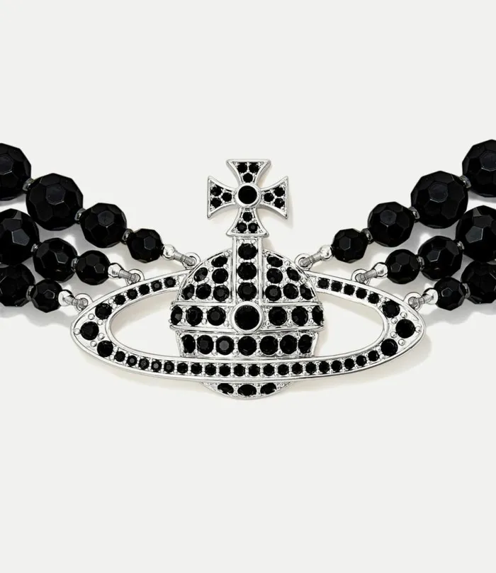Necklaces Women Vivienne Westwood Messaline Three Row Choker In PlatinumRutheniumBlackAgateGemstoneJet
