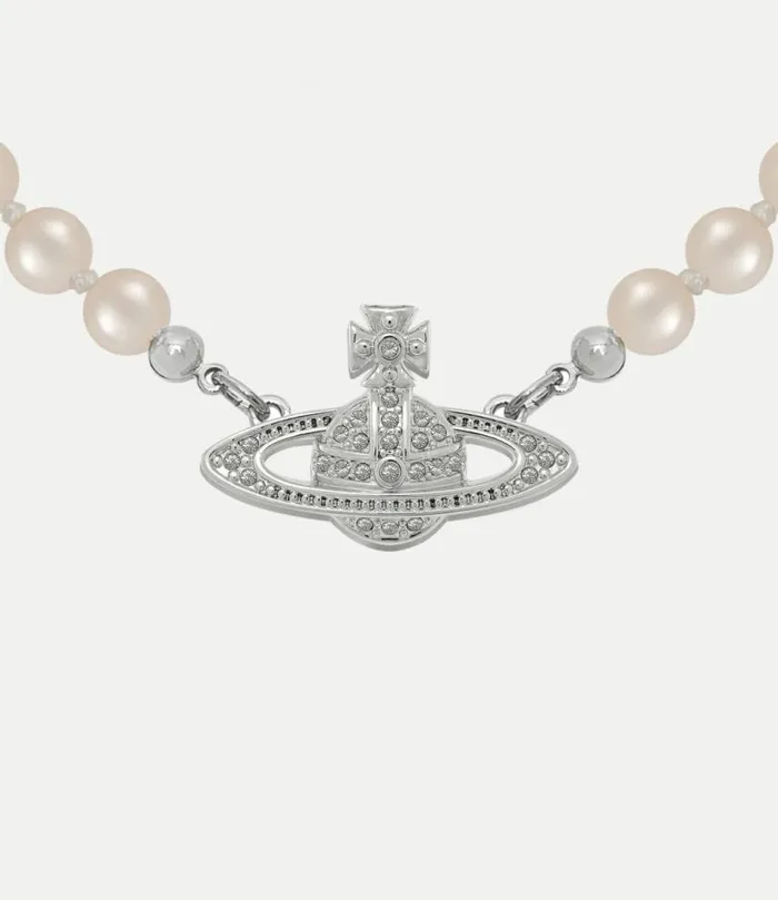 Necklaces Women Vivienne Westwood Mini Bas Relief Pearl Choker In PlatinumCrystalPearl