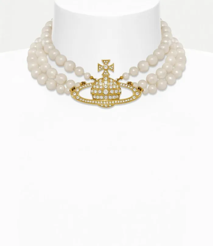 Necklaces Women Vivienne Westwood Three Row Pearl Bas Relief Choker In GoldPearlCrystal Necklaces Women Vivienne Westwood Three Row Pearl Bas Relief Choker In GoldPearlCrystal