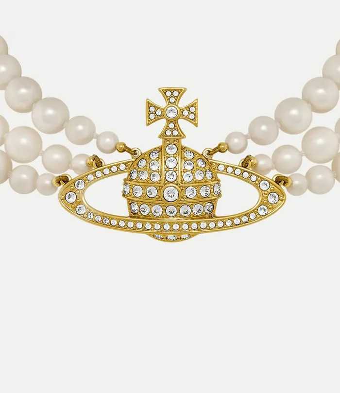 Necklaces Women Vivienne Westwood Three Row Pearl Bas Relief Choker In GoldPearlCrystal