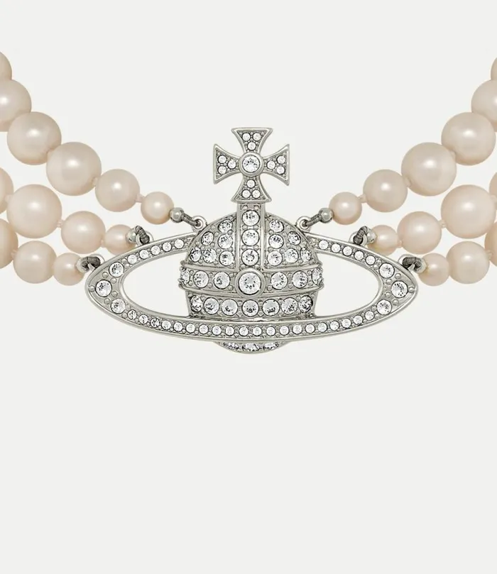 Necklaces Women Vivienne Westwood Three Row Pearl Bas Relief Choker In PlatinumPearlCrystal