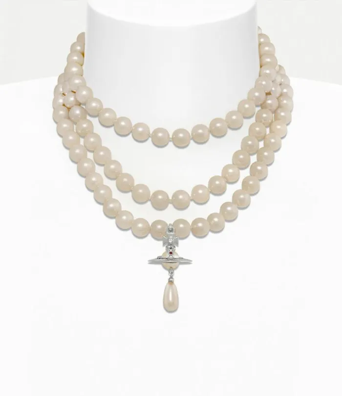 Necklaces Women Vivienne Westwood Three Row Pearl Drop Choker In PlatinumPearlMulti