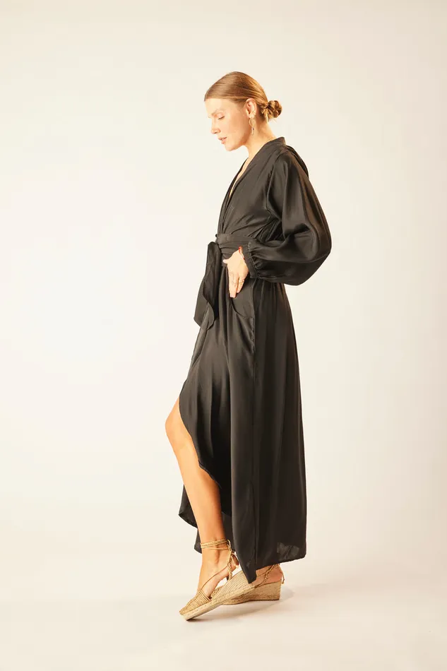 Nico LS Maxi With Sash Black Silk Women Natalie Martin Dresses