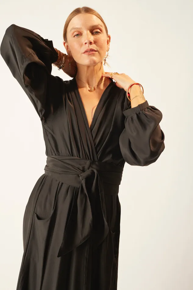 Nico LS Maxi With Sash Black Silk Women Natalie Martin Dresses