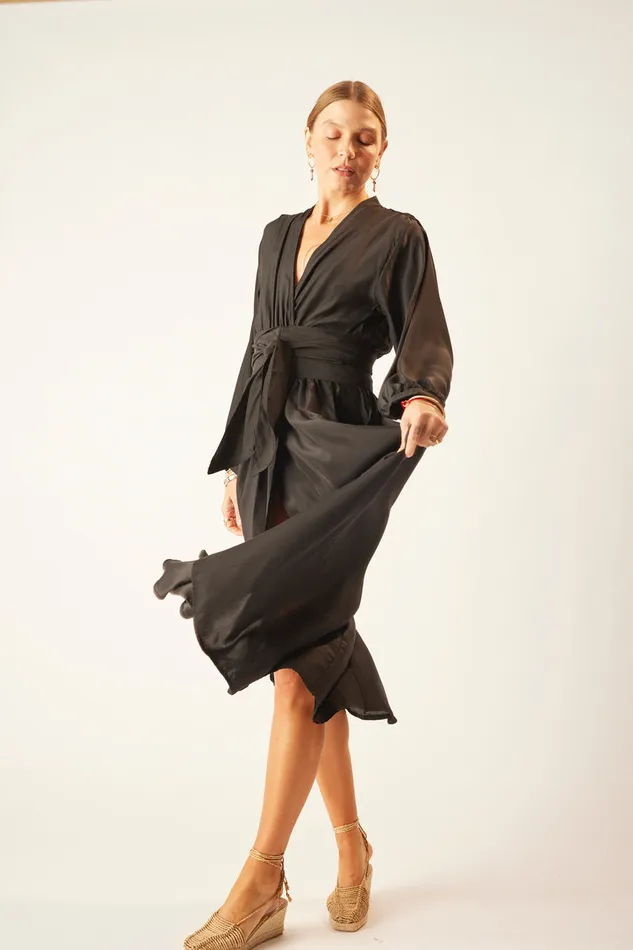 Nico LS Maxi With Sash Black Silk Women Natalie Martin Dresses