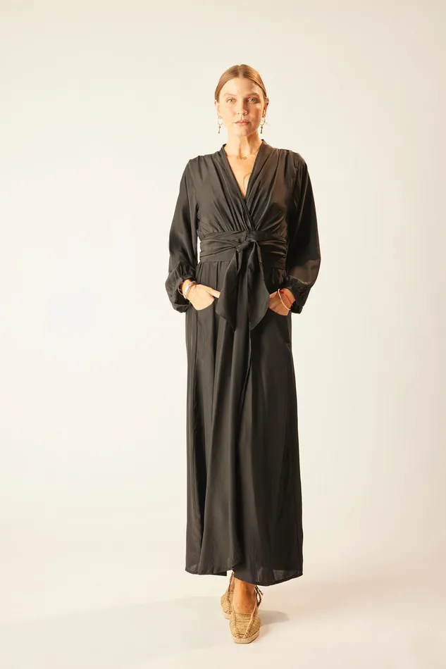Nico LS Maxi With Sash Black Silk Women Natalie Martin Dresses