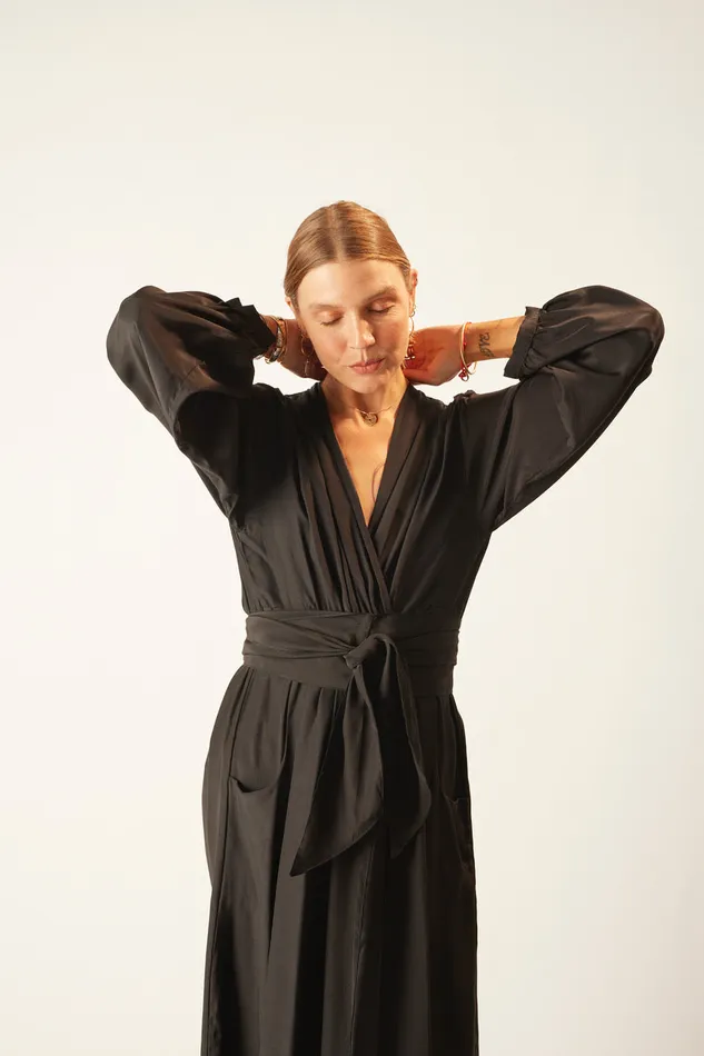 Nico LS Maxi With Sash Black Silk Women Natalie Martin Dresses