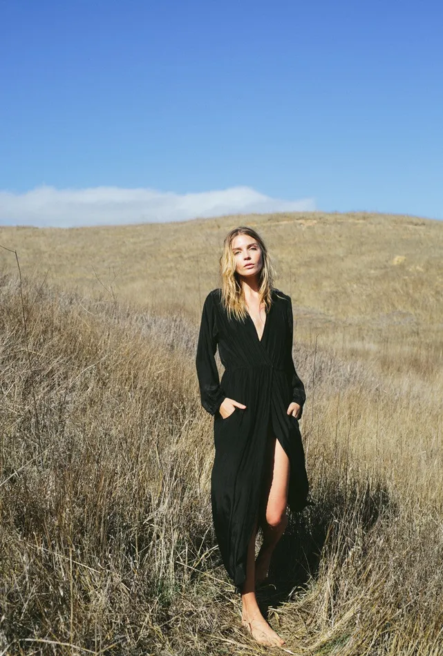 Nico LS Maxi With Sash Black Silk Women Natalie Martin Dresses